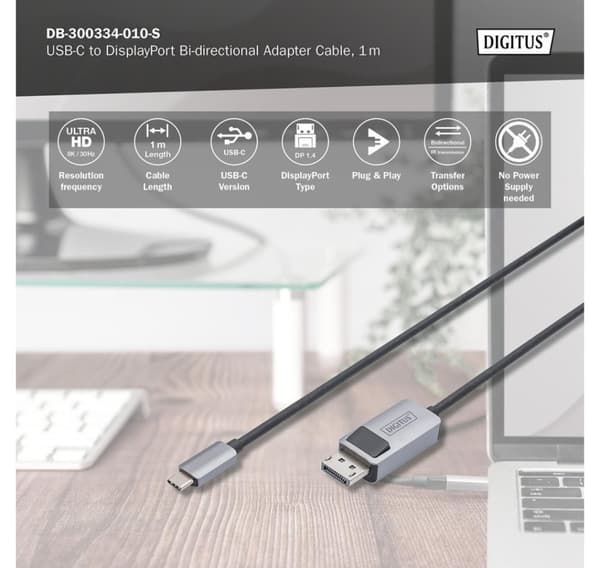 Digitus, USB-C till DisplayPort, dubbelriktad adapterkabel, DB-300334-010-S