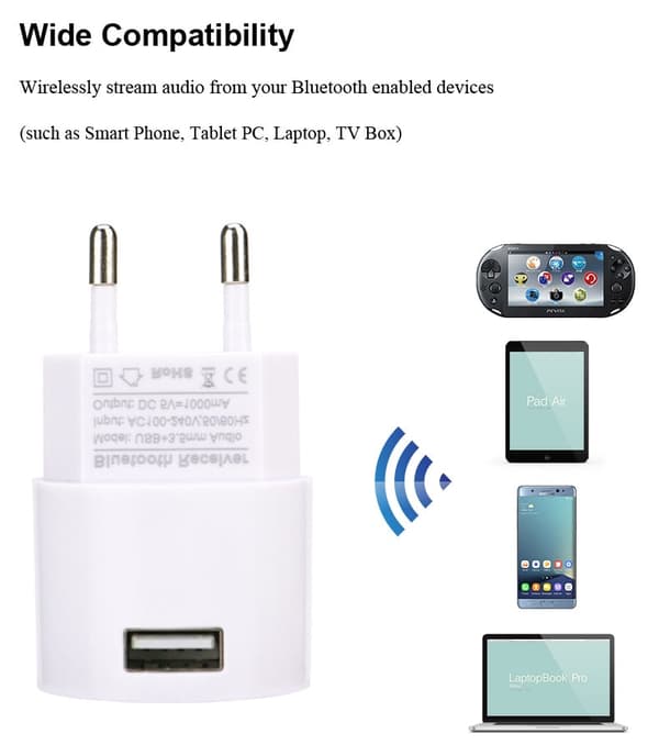 Bluetooth-modtager V4.2 lydadapter AC-oplader 110V til 240V EU US-stik med USB og 3.5 mm-port - US-stik