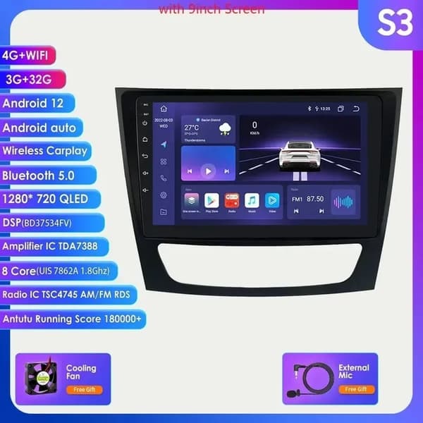 Mercedes Benz E-klasse W211 GPS, Android Auto, Multimedie Videoafspiller, 9 tommer S3 (3G 32G)