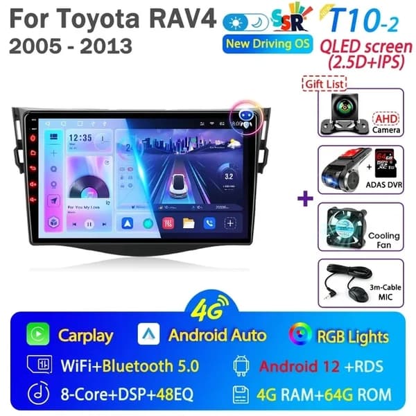 Bilradio, Android 12, Carplay integration, GPS-navigation, T10-2 Kamera-64G DVR