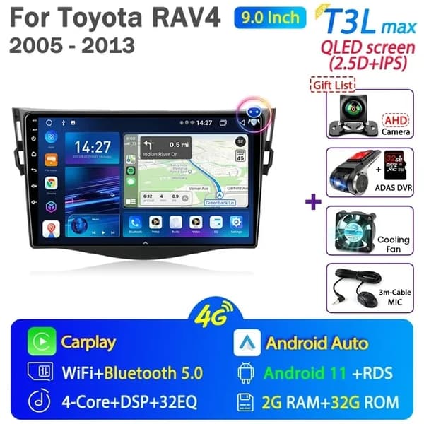Bilradio, Android 12, Carplay integration, GPS-navigation, T10-2 Kamera-64G DVR