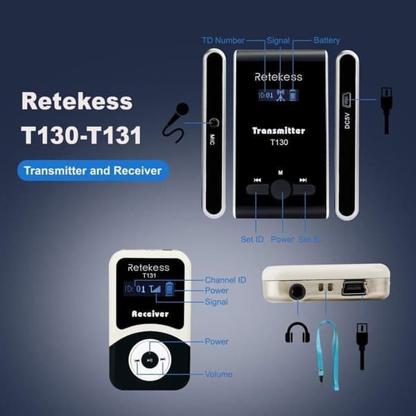 Retecess T130-T131 Tour Guide Audio System, 99 kanaler, 12H Standby, för fabriksvisningar, kyrkoöversättningar