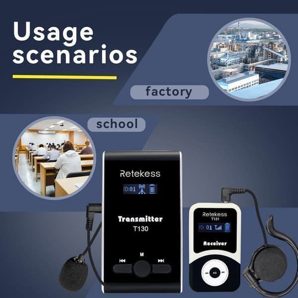Retecess T130-T131 Tour Guide Audio System, 99 kanaler, 12H Standby, för fabriksvisningar, kyrkoöversättningar