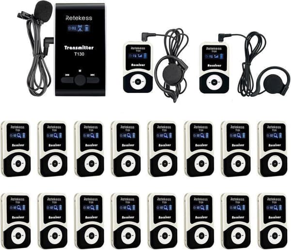 Retecess T130-T131 Tour Guide Audio System, 99 kanaler, 12H Standby, för fabriksvisningar, kyrkoöversättningar