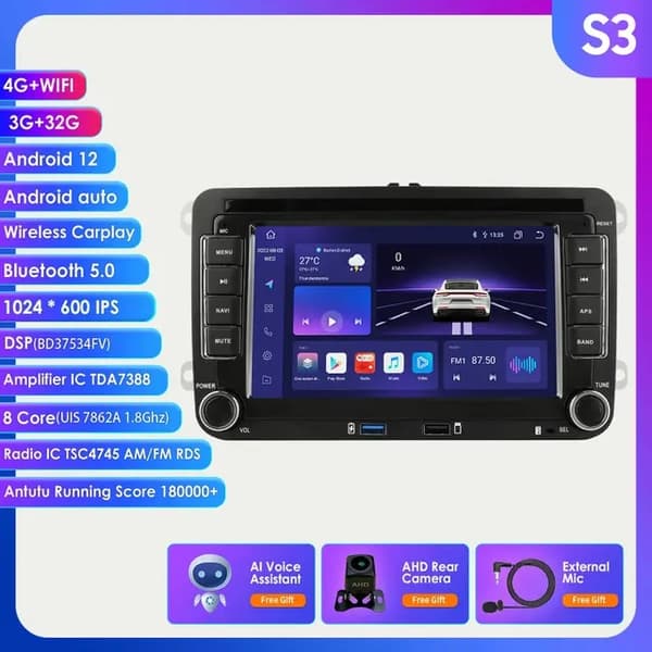 Carplay Android 12, monipuolinen mediasoitin, GPS-navigaattori, S5, neljäytiminen