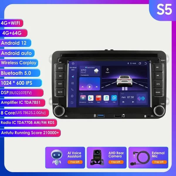 Carplay Android 12, monipuolinen mediasoitin, GPS-navigaattori, S5, neljäytiminen