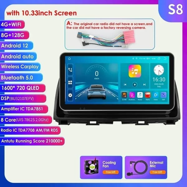 Bil Stereo Multimedia Afspiller, Android 12 Kompatibilitet, Carplay Integration, S8 C