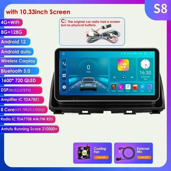 Bil Stereo Multimedia Afspiller, Android 12 Kompatibilitet, Carplay Integration, S8 C