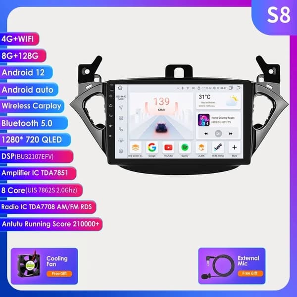 Autostereo, Android 12 -yhteensopivuus, CarPlay-integrointi, S4 (8-ydinprosessori 4G 32G)