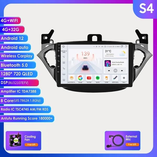 Autostereo, Android 12 -yhteensopivuus, CarPlay-integrointi, S4 (8-ydinprosessori 4G 32G)