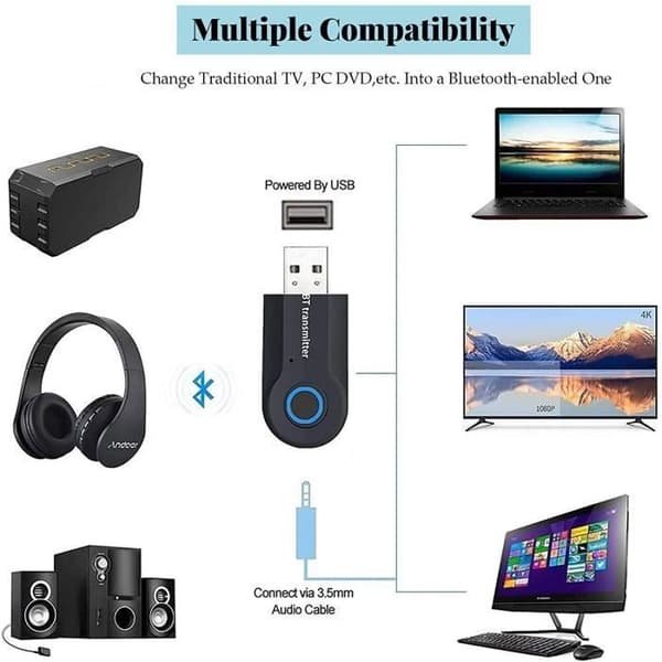 Bluetooth-sändare, 2-i-1 trådlös adapter med 3,5 mm digital ljudkabel, för TV, PC, bil-/hemstereosystem