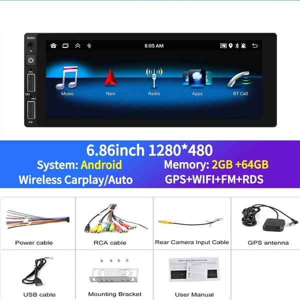 Android 13 autostereo, 6,86 tuuman HD-kosketusnäyttö, 2GB+64GB muisti,2G 64G
