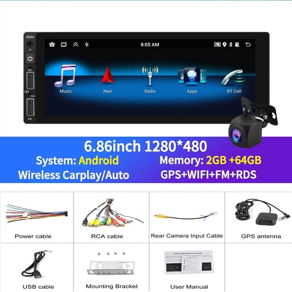 Android 13 autostereo, 6,86 tuuman HD-kosketusnäyttö, 2GB+64GB muisti,2G 64G