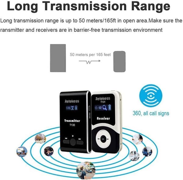 Retecess T131-mottagare kompatibel med T130-T131 trådlöst reseguidesystem 60 meter Avstånd 10 arbetstimmar