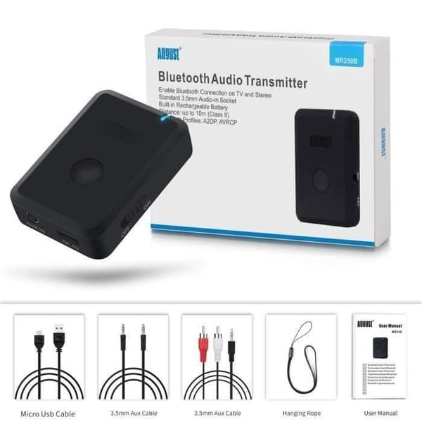 Bluetooth TV Audio Adapter: Sändare - Trådlös sändare - AUGUST MR250 - Skickar ljud till hörlurar, Bluetooth-högtalare aptX LL