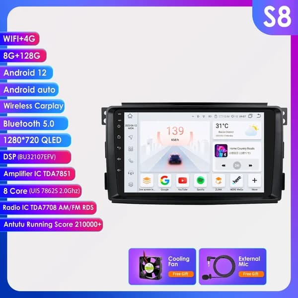 Bilradio systemer, trådløs CarPlay, Android Auto, S8 (8Core 8G 128G)