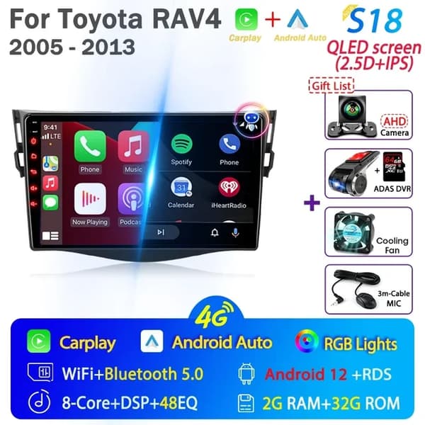Bilradio, Android 12, Carplay integration, GPS-navigation, S18 Kamera-64G DVR