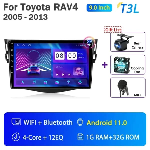 Bilradio, Android 12, Carplay integration, GPS-navigation, T3L-Fan-Kamera
