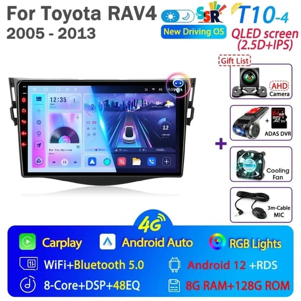 Bilradio, Android 12, Carplay-integration, GPS-navigation, T10-4 Kamera-64G DVR