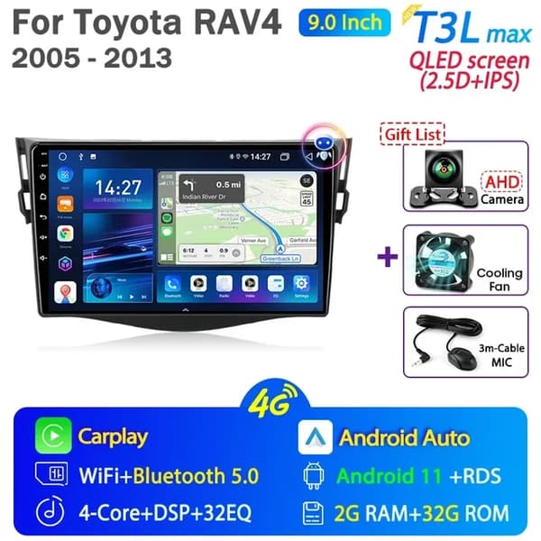 Bilradio, Android 12, Carplay integration, GPS-navigation, T3L max-Fan-Kamera