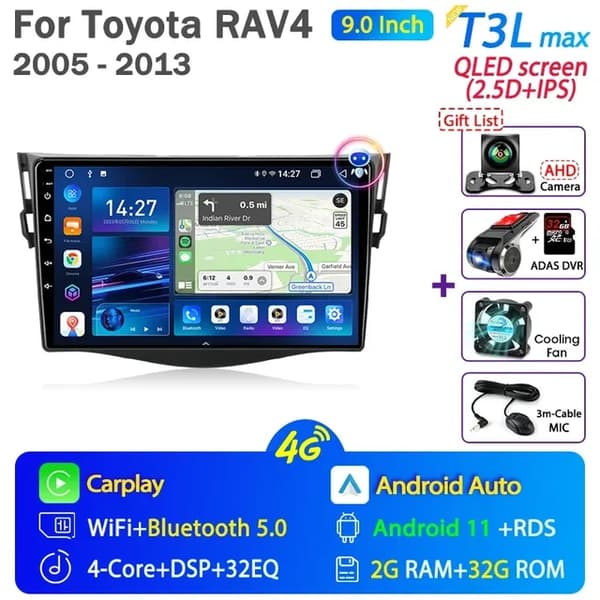 Bilradio, Android 12, Carplay-integration, GPS-navigation, T3L max-Cam-32G DVR
