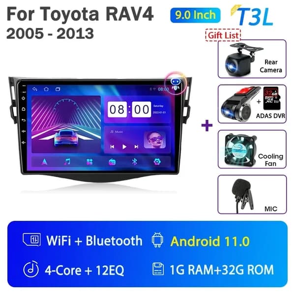 Bilradio, Android 12, Carplay-integration, GPS-navigation, T3L-Kamera-32G DVR