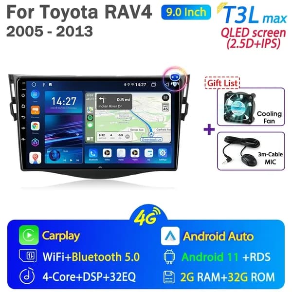 Bilradio, Android 12, Carplay-integration, GPS-navigation, T3L max-MIC-Fan