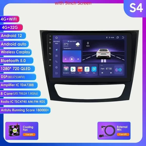 Mercedes Benz E-klass W211 GPS, Android Auto, Multimedia Video Spelare, 9 tum S4 (4G 32G)