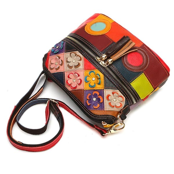 Farverigt blomstermønster dame skuldertaske, koskind Messenger Fashion Bag