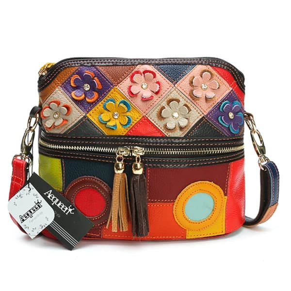 Farverigt blomstermønster dame skuldertaske, koskind Messenger Fashion Bag
