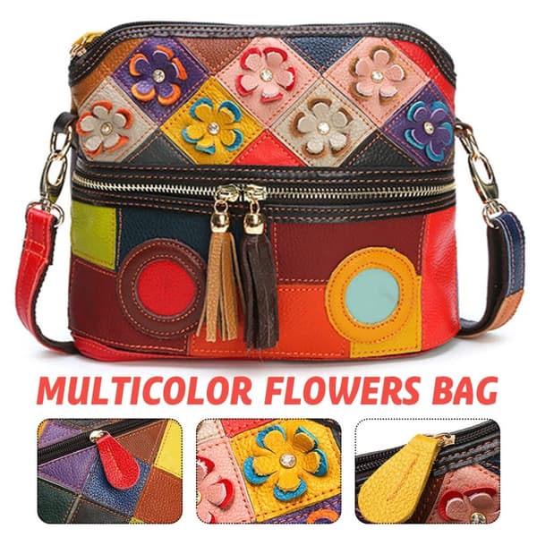 Farverigt blomstermønster dame skuldertaske, koskind Messenger Fashion Bag