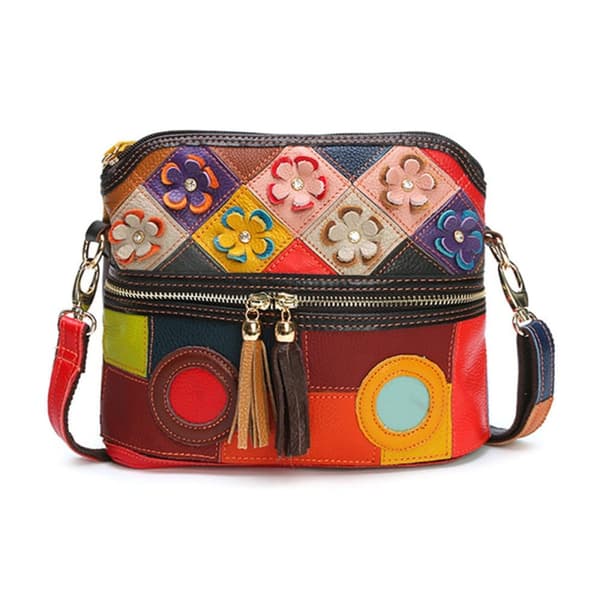 Farverigt blomstermønster dame skuldertaske, koskind Messenger Fashion Bag