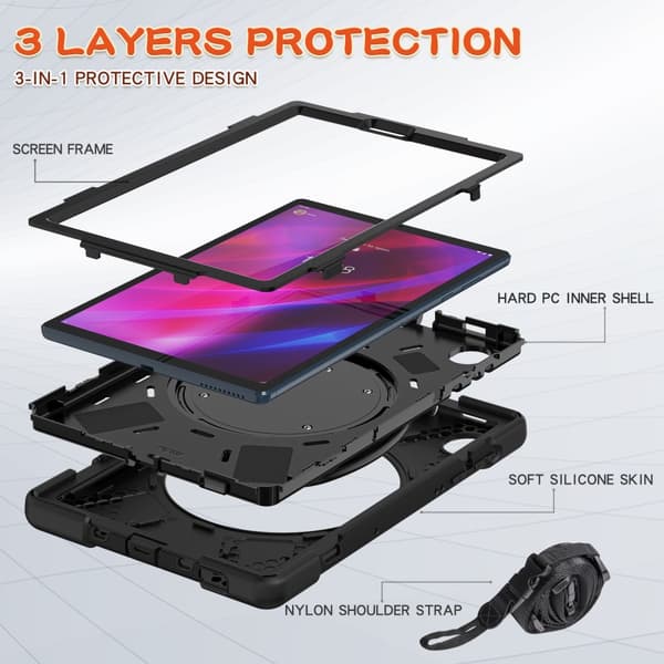 SKALO Lenovo Tab M10 FHD Plus 10.3" Extra Stöttåligt Armor Ring Skal med Axelrem - Svart