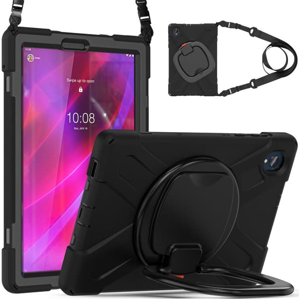 SKALO Lenovo Tab M10 FHD Plus 10.3" Extra Stöttåligt Armor Ring Skal med Axelrem - Svart