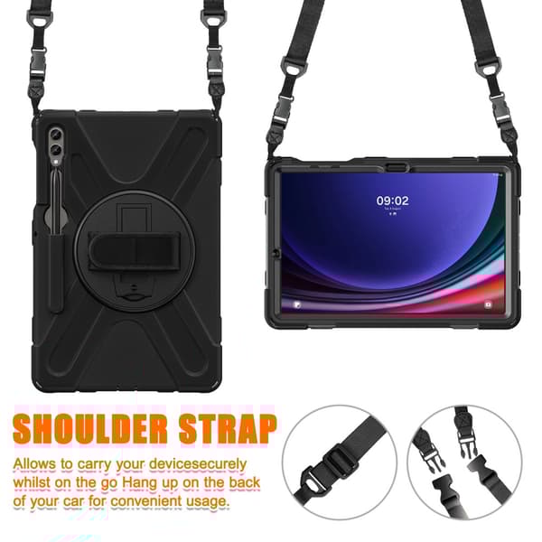 SKALO Samsung Tab S9+/S9 FE+ Extra Shock Resistant Armor Handle Kuori Olkahihnalla - Musta