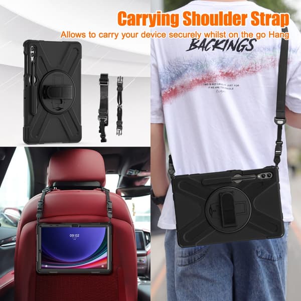 SKALO Samsung Tab S9+/S9 FE+ Extra Shock Resistant Armor Handle Kuori Olkahihnalla - Musta