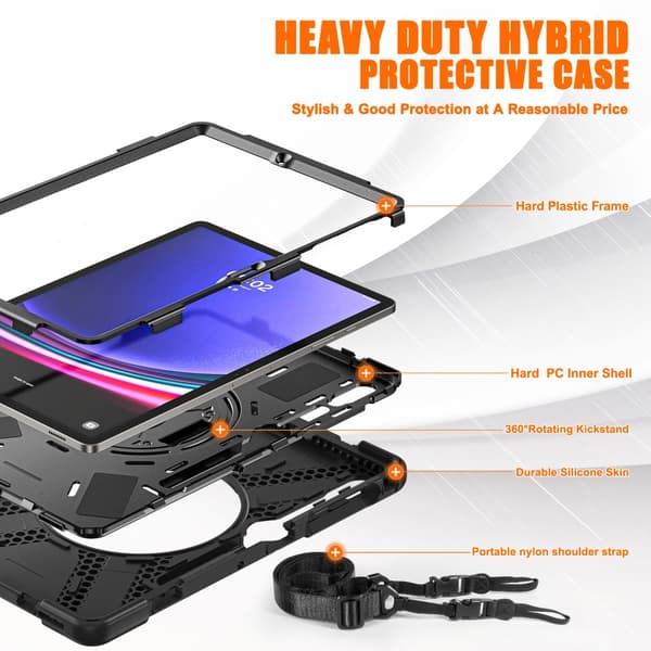 SKALO Samsung Tab S9+/S9 FE+ Extra Shock Resistant Armor Handle Kuori Olkahihnalla - Musta