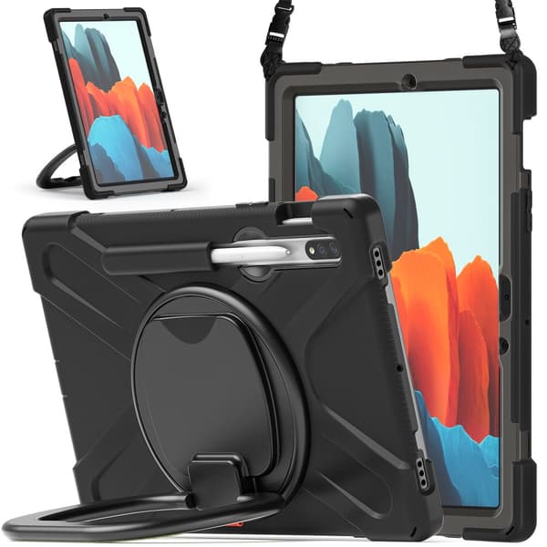 SKALO Samsung Tab S9/S9 FE Ekstra stødsikker Armor ringskal med skulderrem - Sort