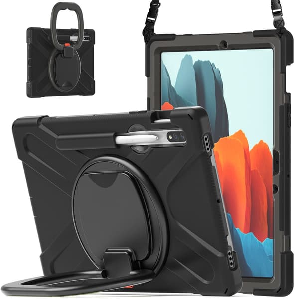 SKALO Samsung Tab S9/S9 FE Ekstra stødsikker Armor ringskal med skulderrem - Sort