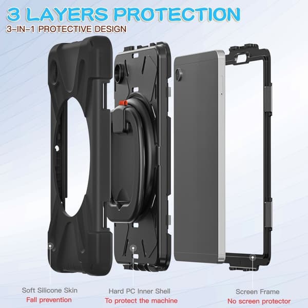 SKALO Samsung Tab A9 Extra Shockproof Armor 360 Kahva/Tripod Suojakuori - Musta