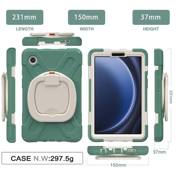 SKALO Samsung Tab A9 Extra Shockproof Armor 360 Kahva/Tripod Suojakuori - Vihreä