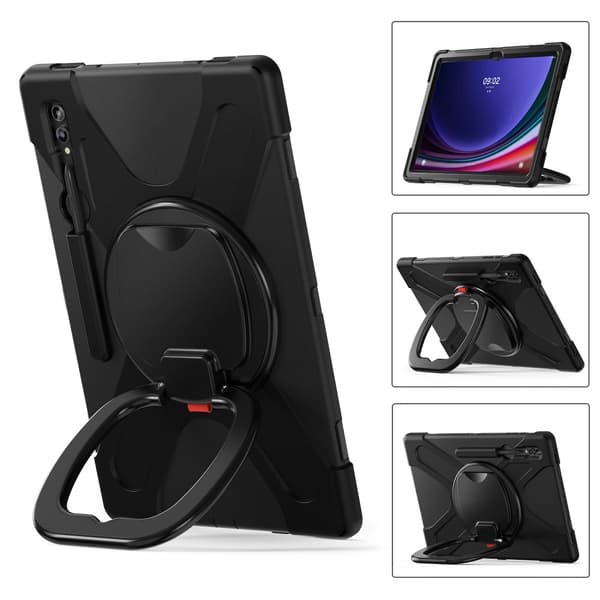 SKALO Samsung Tab S10 Ultra Extra Shockproof Armor 360 Kahva/Tripod Suojakuori - Musta