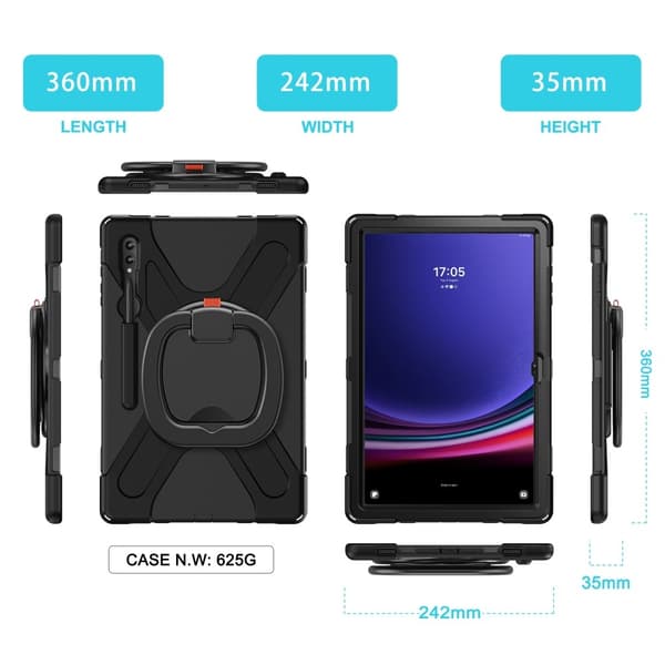 SKALO Samsung Tab S10 Ultra Extra Shockproof Armor 360 Kahva/Tripod Suojakuori - Musta