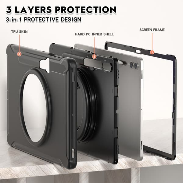 SKALO Samsung Tab S10 Plus Extra Shockproof Armor 360 Kahva/Tripod Suojakuori - Musta