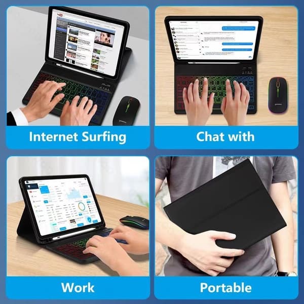 INF Lædertaske til iPad med RGB Bluetooth tastatur og mus iPad 10 10.9 Inches