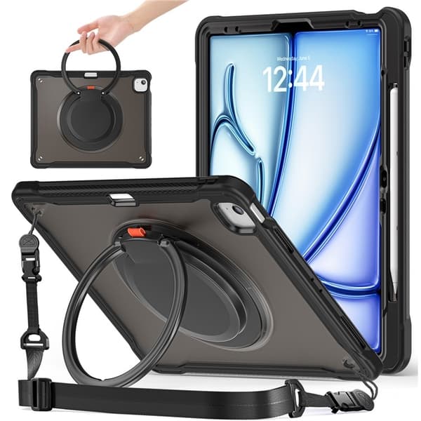 SKALO iPad Air 13 (2025) Extra Stöttåligt Armor Ring med Axelrem Skal - Svart
