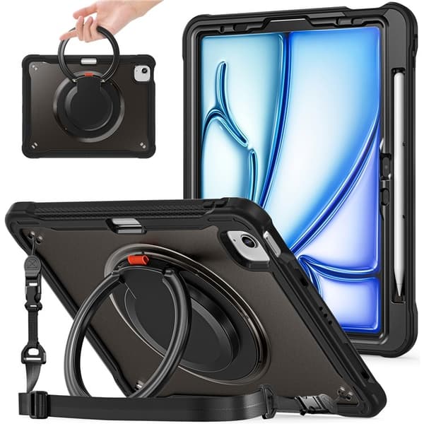 SKALO iPad Air (2020/2022) Extra Stöttåligt Armor Ring med Axelrem Skal - Svart