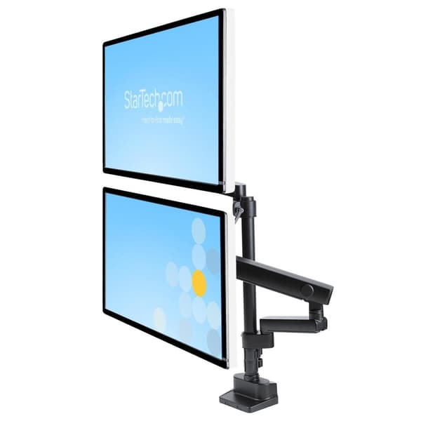 StarTech.com Dobbelt skærmarm til skrivebordsmontering, Full Motion skærmbeslag til 2x VESA-skærme op til 32" (8 kg), lodrette stabelbare arme, højdej