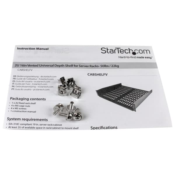 StarTech.com 2U 16 tommer universel ventileret bakke til serverrackmontering / serverskab 22 kg