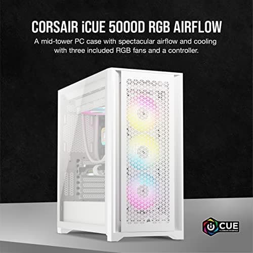 Corsair iCUE 5000D RGB Airflow Mid Tower Case, ægte hvid - 3 × AF120 RGB Elite fans, iCUE Lighting Node PRO lysstyring - High Air Flow Construction -